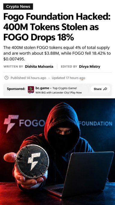 A crypto news article headline reading 'Fogo Foundation Hacked: 400M Tokens Stolen as FOGO Drops 18%' featuring an image of a hooded figure holding a FOGO token.
