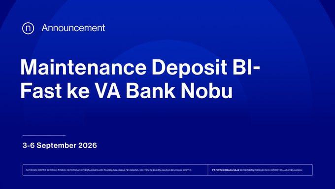 A blue announcement graphic from Pintu featuring the header "Announcement" with the title "Maintenance Deposit BI-Fast ke VA Bank Nobu," scheduled for 3-6 September 2026, alerting users to upcoming service disruptions for Bank Nobu virtual account deposits via BI-FAST.