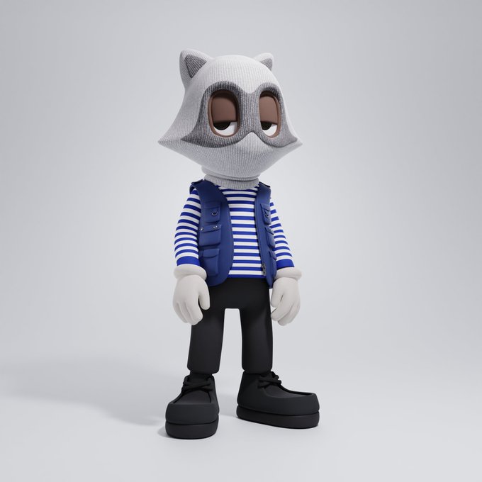 A 3D rendered character of a raccoon-like mascot wearing a blue and white striped shirt with a blue utility vest, black pants, and chunky black shoes.