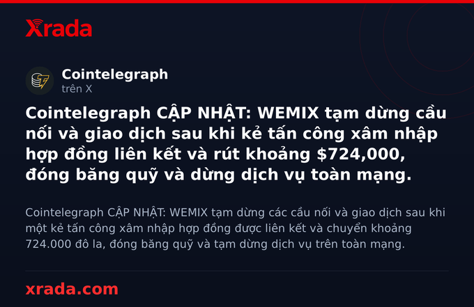 The image shows a Cointelegraph news update on the Xrada platform, reporting that WEMIX has suspended its bridge and services network-wide after a hacker exploit stole approximately $724,000 in tokens, directly matching the accompanying post's warning about the security breach.