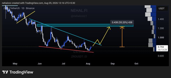 A TradingView chart of ZROUSDT/USDT on Binance shows LayerZero (ZRO) consolidating near $0.794 support while testing a descending trendline resistance, with annotations projecting a potential 65.20% breakout rally to the $1.22–$1.25 zone marked in a teal supply band.