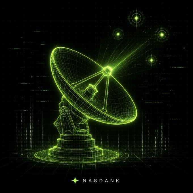 Green wireframe holographic illustration of a satellite dish with stars and crosshairs in the background, featuring the text 'NASDANK' at the bottom.