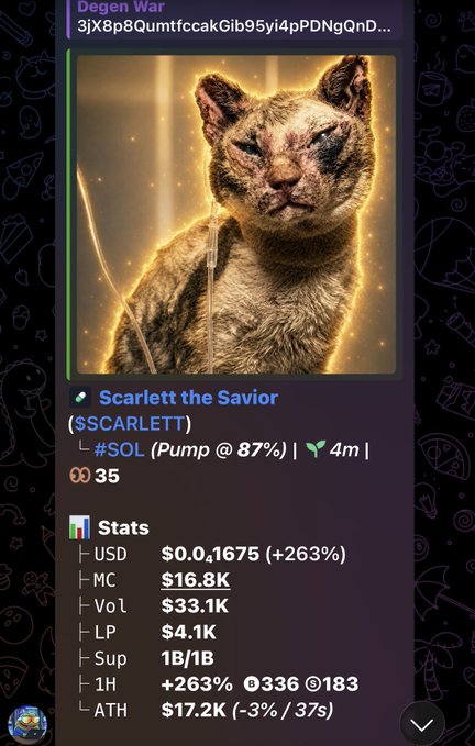 A cryptocurrency trading interface showing a coin called 'Scarlett the Savior' ($SCARLETT) with a cat illustration on 'Degen War', displaying stats including a market cap of $16.8K, volume of $33.1K, and a 1H change of +263%.