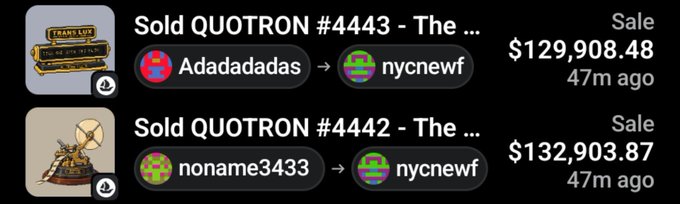 Recent sales activity showing QUOTRON #4443 sold for $129,908.48 and QUOTRON #4442 sold for $132,903.87, both by user 'nycnewf', with the most recent transactions occurring 47 minutes ago.