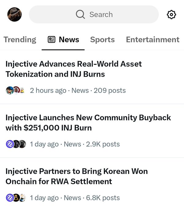 A screenshot of a crypto news feed shows three Injective headlines: “Injective Advances Real-World Asset Tokenization and INJ Burns,” “Injective Launches New Community Buyback with $251,000 INJ Burn,” and “Injective Partners to Bring Korean Won Onchain for RWA Settlement.” The posts are tagged News and reference RWA adoption, $INJ burns, and Korean won onchain activity, matching the accompanying post’s bullish $INJ thesis.