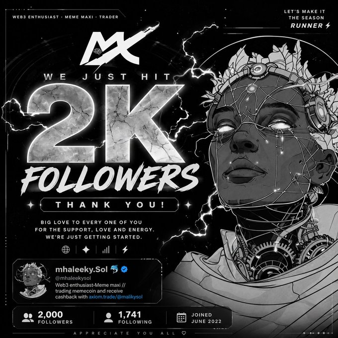 Social media milestone graphic celebrating '2K FOLLOWERS' for mhaleeky.Sol (@mhaleeksol), described as a 'Web3 enthusiast-Meme maxi-Trader', with art depicting a deity-like figure and showing 2,000 followers, 1,741 following, joined June 2022.