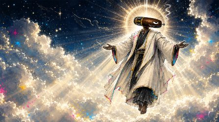 A digital artwork depicts a religious figure with a glowing halo, wearing a white robe and a black VR headset, with hands outstretched among clouds.