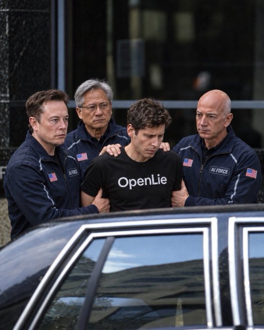 The image is an AI-generated or satirical depiction showing Elon Musk, Jensen Huang (NVIDIA CEO), Jeff Bezos, and Mark Zuckerberg in matching "AI FORCE" uniforms escorting a disheveled man in a black t-shirt reading "OpenLie" into a vehicle. The composition and the misspelled "OpenLie" (a play on OpenAI) suggest a mocking commentary on tech leaders' control over AI, playing off the post's rhetorical "Who did this?" to imply corporate conspiracy.