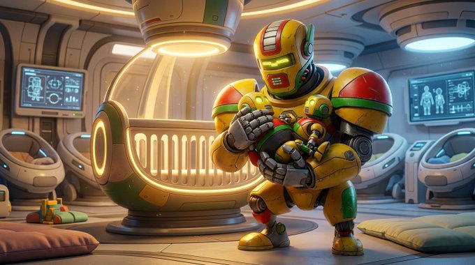 A digital illustration of a yellow and green robot character in what appears to be a futuristic nursery or spaceship interior.