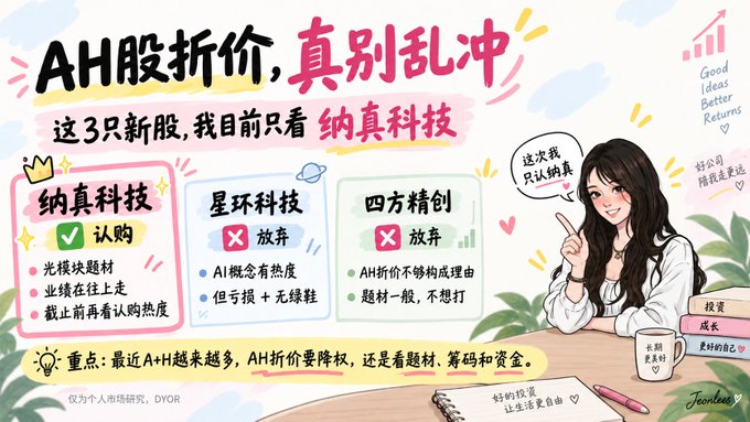 A Chinese financial infographic titled 'AH股价,真别乱冲' (AH stock prices, don't rush in blindly) discusses three new stocks, recommending subscription for 纳真科技 (Nazhen Tech), while suggesting to skip 星环科技 and 四方精创.