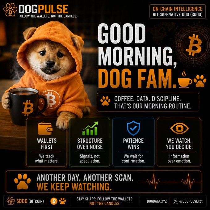 A promotional graphic for "DogPulse" featuring a Shiba Inu mascot in an orange hoodie holding a Bitcoin-themed mug, greeting viewers with "GOOD MORNING, DOG FAM." alongside branding for $DOG (Bitcoin-Native) and the tagline "Follow the Wallets, Not the Candles." The image's emphasis on wallet tracking, data discipline, and top-holder monitoring visually reinforces the accompanying post's detailed breakdown of Top50 wallet rotation, including notable moves like #2 exiting 192.27M DOG, a new #24 entry at 202.16M DOG, and a rotation score jumping from 0 to 44/100.