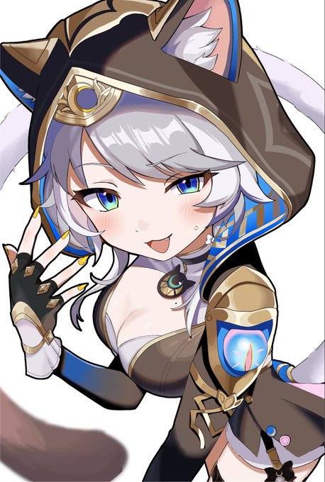 An anime-style illustration of a silver-haired character with blue eyes and cat ears, wearing a brown hooded outfit with gold and blue accents. The playful pose and "Safel" branding suggest this is artwork related to the Safebooru image hosting site.
