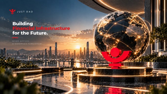 A promotional banner for 'JUST DAO' featuring the text 'Building Financial Infrastructure for the Future' and 'MORE ACCESS A STRONGER TOMORROW' alongside a glowing digital globe and a cityscape at sunset.