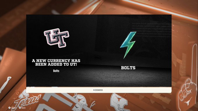 A video game screen displays a notification announcing "A NEW CURRENCY HAS BEEN ADDED TO UT!" featuring the University of Texas (UT) logo alongside a green lightning bolt icon labeled "BOLTS," confirming the new in-game currency addition mentioned in the post. The background shows orange Texas Longhorns branding, including a helmet with the Longhorn logo and the word "Texas."