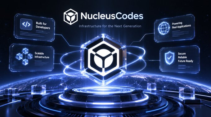 A futuristic digital graphic for 'NucleusCodes' with the tagline 'Infrastructure for the Next Generation', surrounded by feature highlights like 'Built for Developers', 'Scalable Infrastructure', 'Powering Real Applications', and 'Secure, Reliable, Future Ready'.