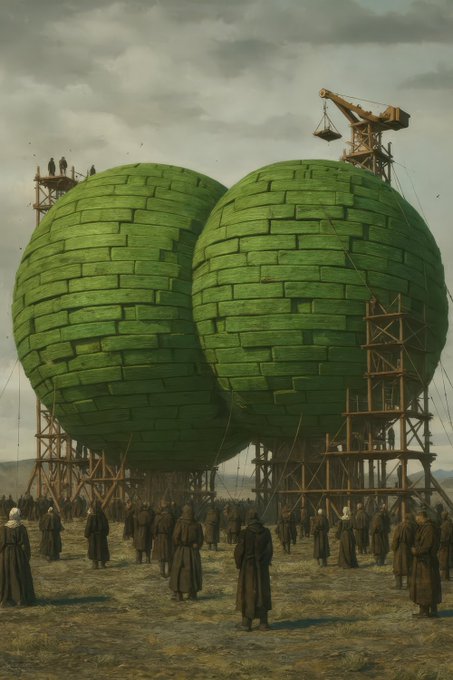 A digital artwork depicting a massive green heart-shaped structure built from blocks, surrounded by wooden scaffolding, a crane, and a crowd of people in robes, reminiscent of a Monty Python sketch.