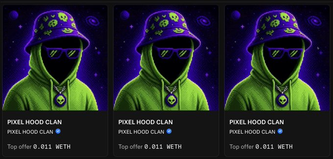 The image displays three identical NFT listings titled "PIXEL HOOD CLAN" featuring a stylized figure in a green hoodie and purple cap with alien patterns, each showing a top offer of 0.011 WETH. This aligns with the post about minting Pixel Hood Clan NFTs on the Robinhood chain by artist @pixelord, showcasing the available collectibles.