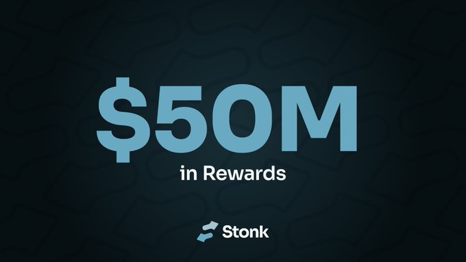 The image displays a dark promotional graphic featuring "$50M" in large blue text, with "in Rewards" beneath it and the Stonk logo at the bottom, visually emphasizing the milestone mentioned in the post about $50,000,000 in rewards being distributed to StonkFun reward coin holders.