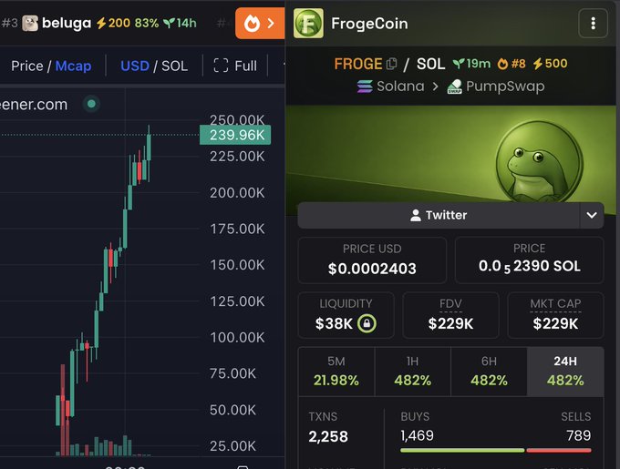 A split-screen image showing cryptocurrency tracking interfaces: the left side displays a price chart for a token reaching ~239.96K, while the right shows "FrogeCoin" (FROGE) data on Solana via PumpSwap with a price of $0.0002403, market cap of $229K, and 482% gains across multiple timeframes—supporting the post's claim of capitalizing on meme coins like $PEPE, $CATE, and now $FROGE.