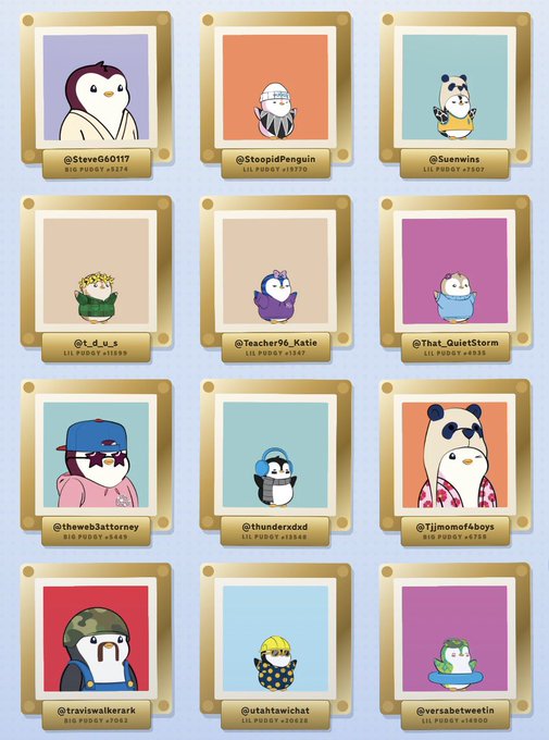 A grid of 12 cartoon penguin Pudgy Penguins NFT profile cards with usernames and prices, including @SteveG60117, @StoopidPenguin, @Suenwins, @t_d_u_t, @Teacher96_Katie, @That_QuietStorm, @theweb3attorney, @thunderxxd, @Tijimomof4boys, @traviswalkerart, @utahswitchat, and @versabetweetin.