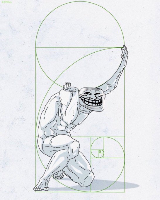 A muscular, nude troll face character poses gracefully within the spirals of a golden ratio Fibonacci diagram, visually illustrating the post's claim that the meme and its $TROLL token embody the mathematical ideal of perfect proportion.