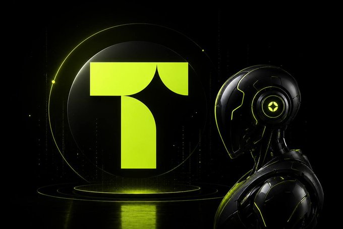 A stylized "T" logo in neon green sits inside a glowing sphere beside a sleek, futuristic humanoid robot on a dark, reflective surface, visually representing AI agents and machine-to-machine commerce. The image ties into Tirea AI's (@tirea_ai) message about building a value coordination layer—the "fuel network"—for autonomous AI agents on Robinhood.