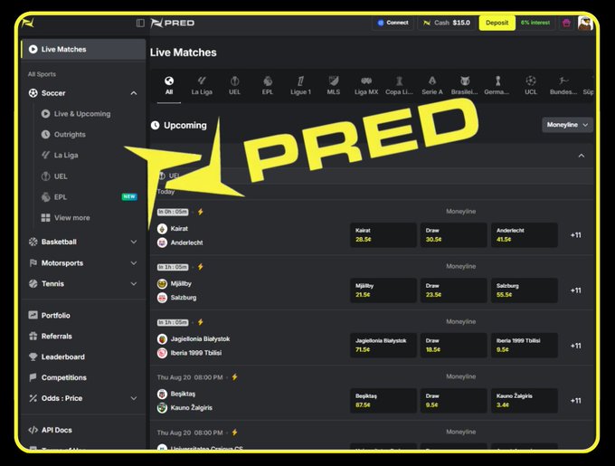 A screenshot of the PRED sports betting platform showing live and upcoming soccer matches from leagues like La Liga, UEL, EPL, and MLS, with the yellow PRED logo overlaid on the screen.