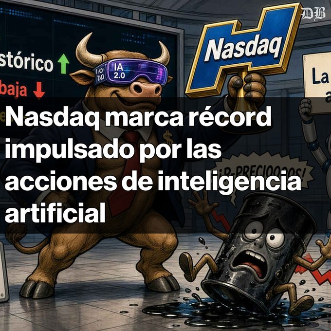 An illustrated cartoon shows a bullish bull wearing 'IA 2.0' VR goggles holding the Nasdaq logo, with Spanish text reading 'Nasdaq marca récord impulsado por las acciones de inteligencia artificial' (Nasdaq hits record driven by AI stocks).