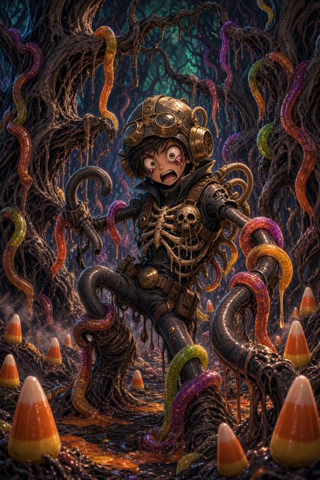 A stylized horror/gothic illustration of a frightened child wearing aviator goggles and a skeleton-ribbed outfit, surrounded by colorful gummy worms and candy corn in a dark, twisted tree setting.
