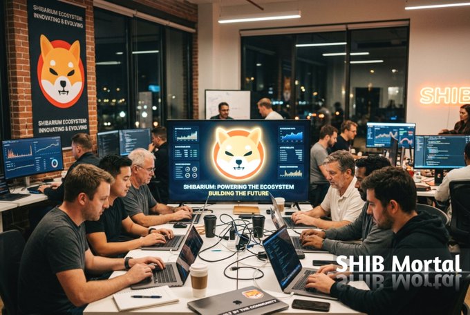 A group of people working on laptops in an office setting with a large screen displaying the Shiba Inu logo and text reading 'SHIBARIUM: POWERING THE ECOSYSTEM, BUILDING THE FUTURE,' with 'SHIB Mortal' in the corner.
