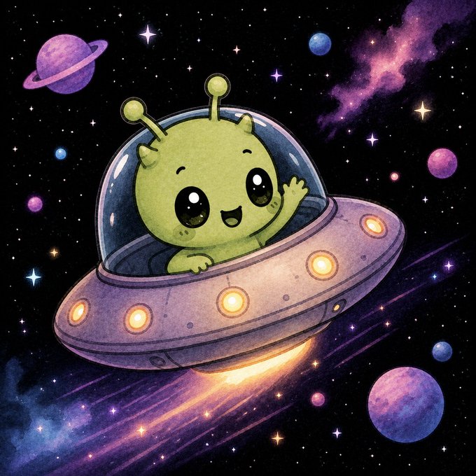 An illustration depicts a cute green alien waving from inside a purple flying saucer traveling through a starry outer space scene with various colorful planets.