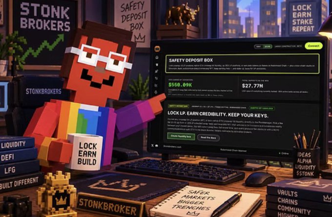 A vibrant, Minecraft-style voxel mascot character wearing rainbow suspenders and a "STONKBROKER" label stands beside a computer monitor displaying the "SAFETY DEPOSIT BOX" and "LOCK LP, EARN CREDIBILITY, KEEP YOUR KEYS" interfaces, showing a balance of "$556.09K" and "$27.77M," with signs reading "STONK BROKERS," "LOCK EARN STAKE REPEAT," and books labeled "LIQUIDITY," "DEFI," "LFG," and "BUILT DIFFERENT" arranged around the desk—visually promoting Clutch Markets' new Safety Deposit Box liquidity locker tech launched across the Ethereum ecosystem, reinforcing the "clock in and lock in" message.