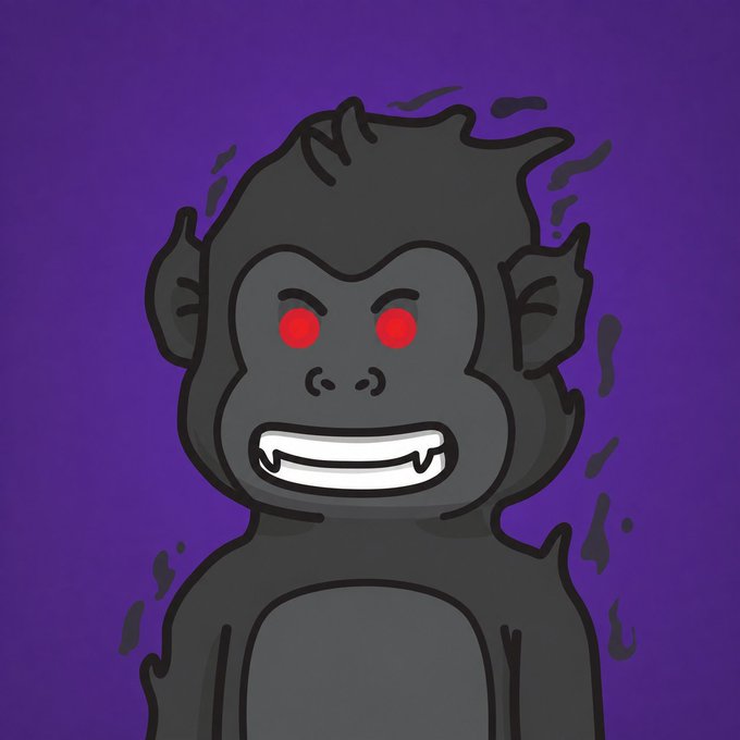 A cartoon illustration of a menacing dark gray ape with glowing red eyes and a sinister grin, set against a purple background, visually promoting the upcoming launch of the "Ape" token on the INK blockchain as teased in the accompanying post.
