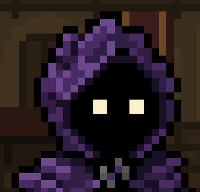 A pixel art image of a hooded figure with glowing yellow/white eyes, wearing a dark purple hooded cloak against a brown background.