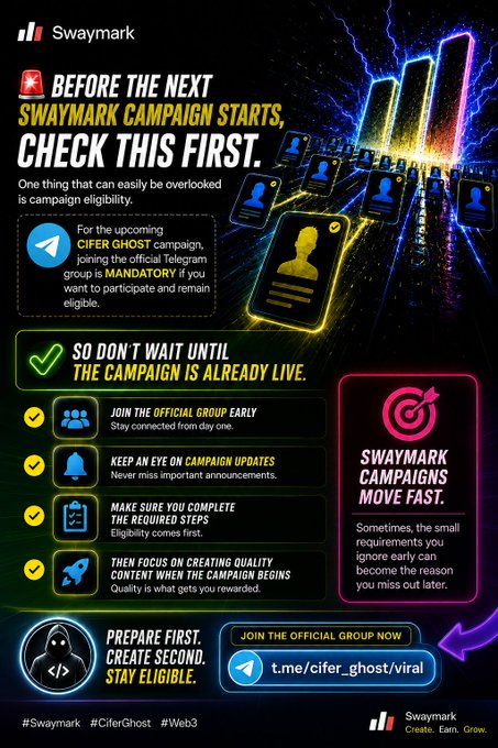 Swaymark promotional graphic about the 'CIFER GHOST' campaign, advising users to join the official Telegram group early, with steps listed and a link to t.me/cifer_ghost/viral.