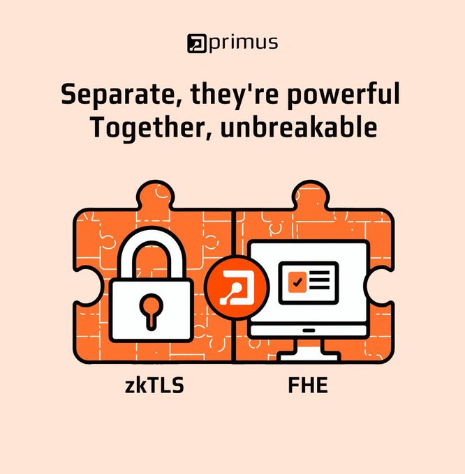 A Primus infographic stating 'Separate, they're powerful. Together, unbreakable,' featuring puzzle pieces labeled 'zkTLS' with a padlock and 'FHE' with a computer.