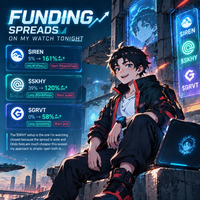 Anime-style promotional graphic titled 'FUNDING SPREADS ON MY WATCH TONIGHT,' featuring a character alongside funding rate data for pairs $IREN, $SKHY, and $GRVT.