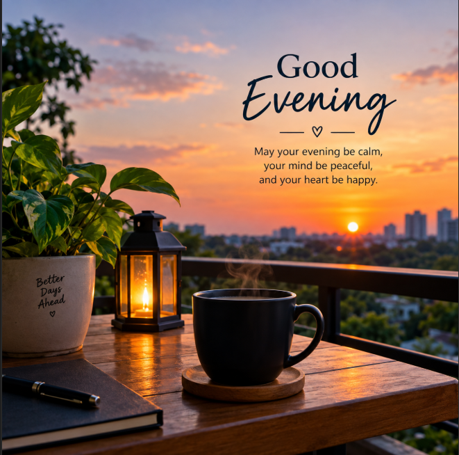 A scenic balcony at sunset features a steaming black coffee mug, a lit lantern, a potted plant labeled 'Better Days Ahead,' and text reading 'Good Evening' with the message 'May your evening be calm, your mind be peaceful, and your heart be happy.'