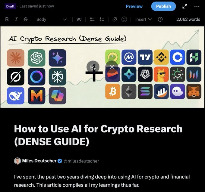 A Substack draft preview titled "How to Use AI for Crypto Research (Dense Guide)" by Miles Deutscher (@milesdeutscher), featuring a banner of AI and crypto logos and an intro noting he has spent two years diving into AI for crypto/financial research—the article teased in his post as dropping in less than 12 hours.