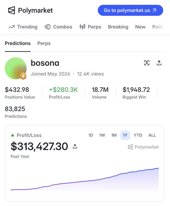 A Polymarket profile screenshot for user 'bosona' showing a Positions Value of $432.98, Profit/Loss of +$280.3K, Volume of 18.7M, Biggest Win of $1,948.72, and a 1Y Profit/Loss chart showing $313,427.30 with an upward trend.
