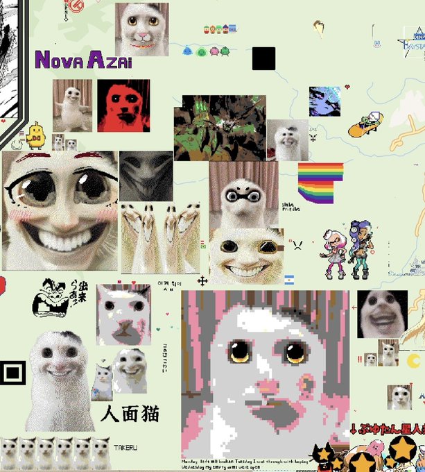 A chaotic digital collage featuring various surreal cat, ghost, and distorted face memes set against a pastel green background, with visible text including "Nova Azari," "人面猫," and "TAKERU," reflecting the meme-heavy, absurdist aesthetic often associated with the provided Ethereum wallet address.