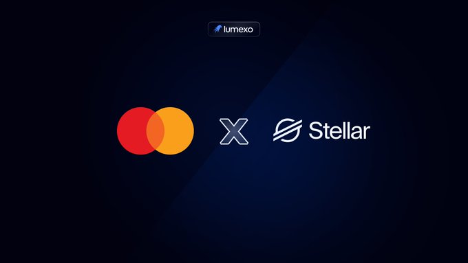 The image features a promotional poster for Mastercard's partnership with Stellar, which aims to provide 24/7 card settlement using regulated stablecoins. The background of the poster is dark blue, and there are two large red circles representing the Mastercard logo and the Stellar logo. The text on the poster highlights that transactions can now settle intraday, on weekends and holidays.
