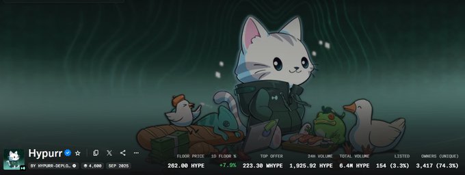 A profile banner featuring an illustrated white cat character named 'Hypurr' (@HYPURR-DEPLOY.ETH) sitting in tactical gear with a price tag of 262.00 HYPE, +7.0%, and 24h volume of 1,925.92 HYPE.
