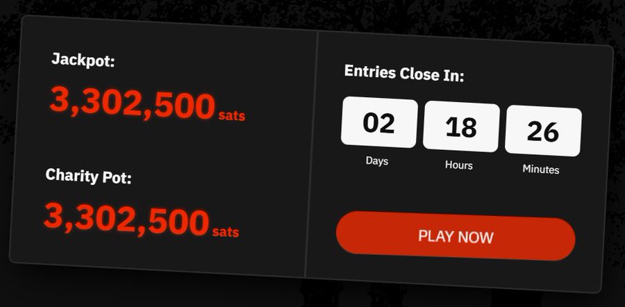 A dark-themed digital interface displays a jackpot of '3,302,500 sats' and a 'Charity Pot' of '3,302,500 sats', alongside a timer showing '02 Days 18 Hours 26 Minutes' remaining and a red 'PLAY NOW' button.