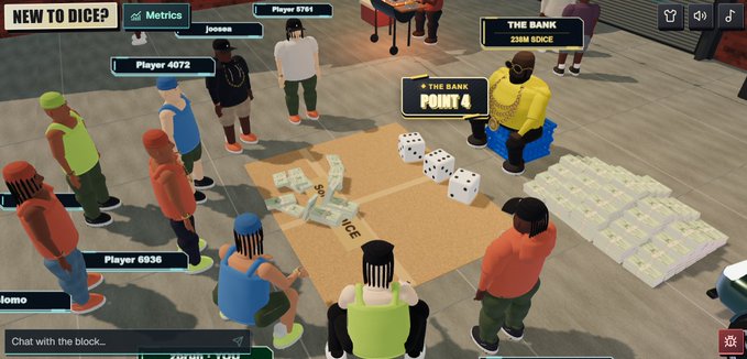 A virtual dice game scene shows players like "Player 4072," "Player 6936," and "Player 9791" gathered around a cardboard playing surface with stacked cash, where "THE BANK" rolled "POINT 4" with three dice totaling 228M. The "NEW TO DICE?" banner and lively multiplayer setup reflect the dev's innovative work on the cracked game, highlighting their skill in building engaging digital experiences.