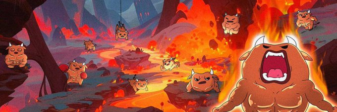 An animated illustration of small horned demons in a fiery volcanic landscape, with one large roaring demon in the foreground.