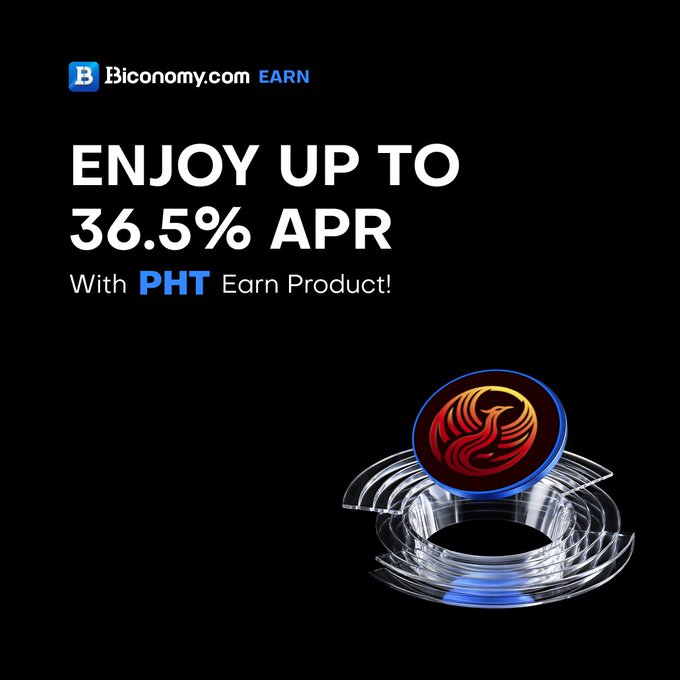 A black promotional graphic for Biconomy.com advertising 'ENJOY UP TO 36.5% APR With PHT Earn Product!' featuring a red phoenix logo coin on a blue-lit circular display.