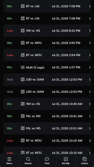 A betting history interface showing a list of wins, losses, and voids (mostly involving BT, LIQ, MOU, IWI, VG) dated Jul 31, 2026, with a bottom navigation bar.