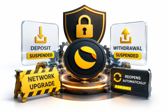 The image illustrates Binance's temporary suspension of $LUNC deposits and withdrawals during a network upgrade, featuring a "Deposit Suspended" and "Withdrawal Suspended" notice alongside a "Network Upgrade" sign and a status indicator showing "Reopens Automatically," reinforcing the post's message that these pauses are routine and funds remain secure.