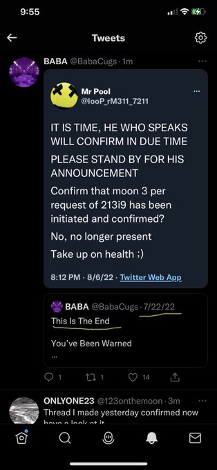 A Twitter screenshot shows @BabaCugs (BABA) retweeting a post by @looP_rM311_7211 reading "IT IS TIME, HE WHO SPEAKS WILL CONFIRM IN DUE TIME... Confirm that moon 3 per request of 2t3i9 has been initiated and confirmed? No, no longer present," along with BABA's own pinned tweet "This Is The End / You've Been Warned" — mysterious "breadcrumbs" tying into the poster's #XRP moon speculation.